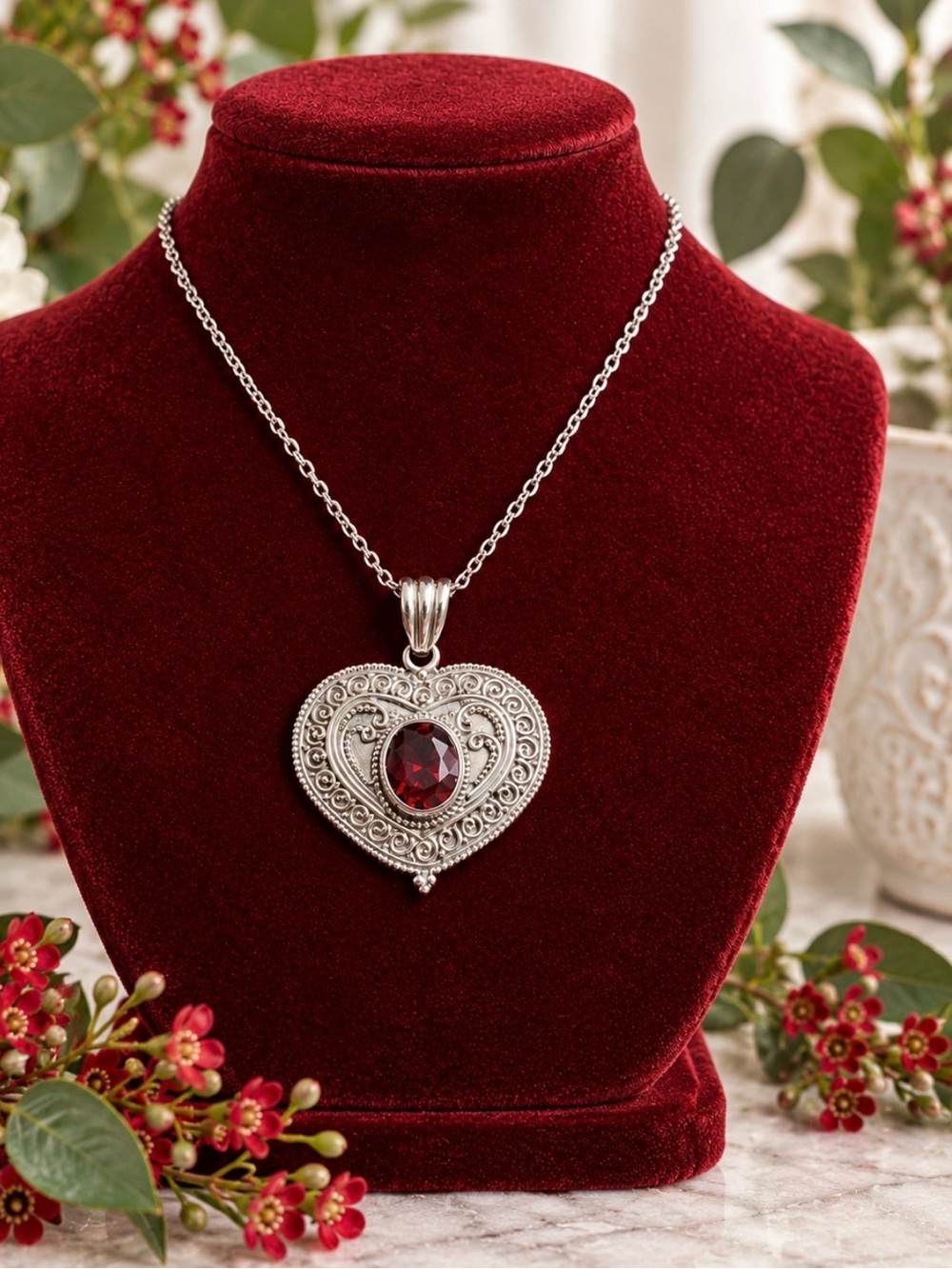 Pendant Ruby 925 Sterling Silver Detailed Heart Stamped